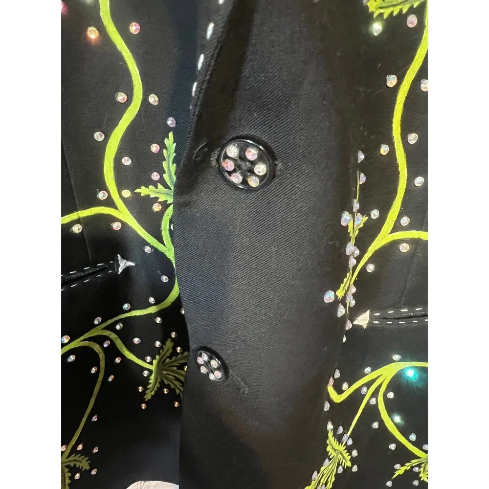 OOAK Hand Painted Wool Blazer 44R Rhinestone Cannabis Cross Wearable Art